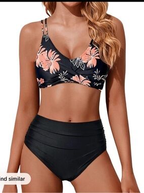 Women's Black & Peach Floral High-Waist Bikini Set